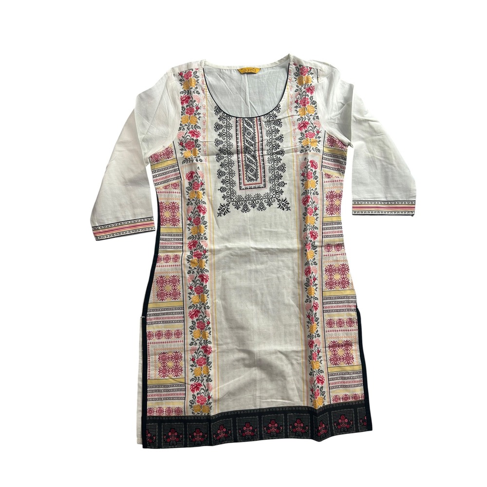 Aurelia Womens White Floral Geometric Print Cotton Kurta Tunic Top Size S